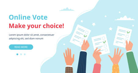 People s hands holding vote ballots. Voting web page concept.のイラスト素材
