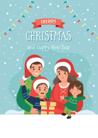 Christmas card with happy family and lettering. Cute vector illustration in flat styleのイラスト素材
