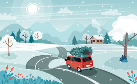 Car with christmas tree on the road. Cute winter landscape. Vector illustration in flat styleのイラスト素材