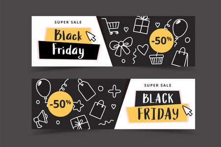 Black friday banner set with doodle elements, vector illustrationのイラスト素材