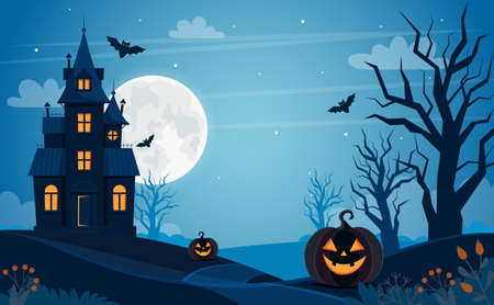 Halloween background with haunted house, full moon, pumpkins and treesの写真素材