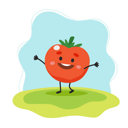 Tomato cute character, vector illustration for kids in cartoon styleのイラスト素材