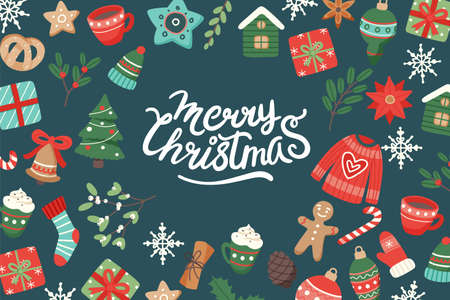 Christmas banner with lettering and cute seasonal elements, vector illustration in flat styleのイラスト素材