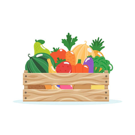 Wooden box with fruits and vegetables, vector illustration in flat styleのイラスト素材