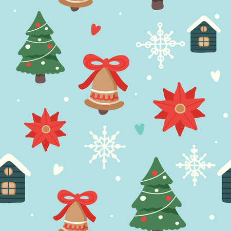 Christmas pattern with cute decorated christmas trees, houses and bells, vector illustration in flat styleのイラスト素材