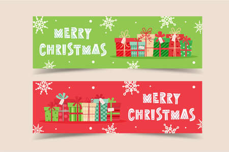 Christmas banner template with lettering and gifts, vector illustration in flat styleのイラスト素材