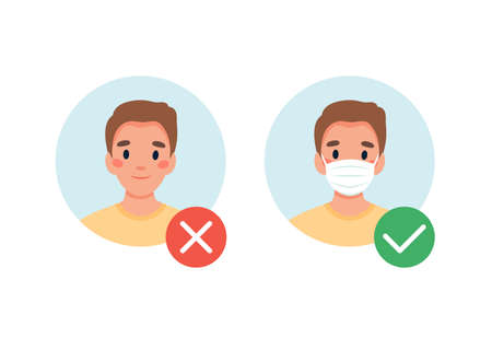 Mask required. No entry without wearing a mask. Man with and without medical mask. Vector illustration in flat styleのイラスト素材