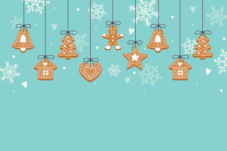Christmas backgroung with hanging gingerbread cookiesのイラスト素材