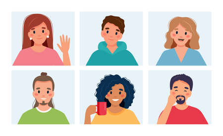 Group of people doing group call. Online meeting via video conference. Vector illustration in flat styleのイラスト素材