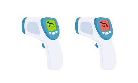 Body temperature check, hand holding infrared thermometers with normal and high fever.