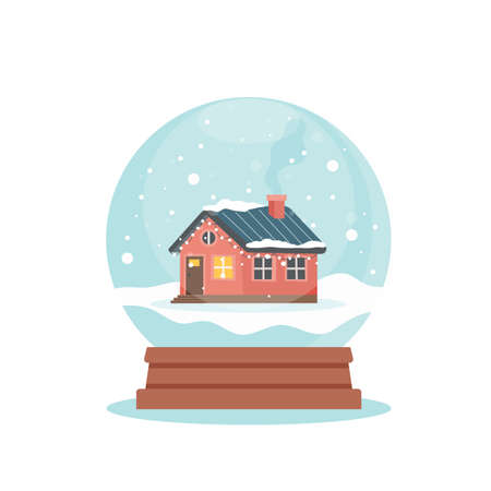 Snow globe with cute winter house, vector illustration in flat styleのイラスト素材