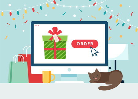 Online shopping gifts. Screen with present. Vector illustration in flat styleのイラスト素材