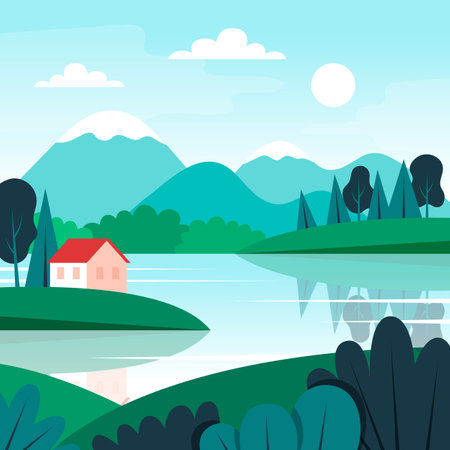 Cute landscape with small house, lake and mountains. Vector illustration in flat styleのイラスト素材