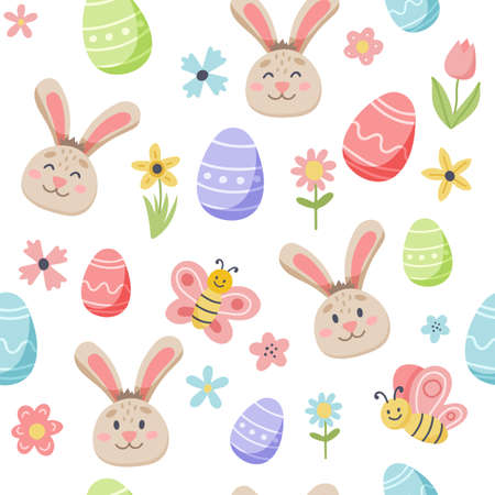 Easter spring pattern with cute bunny and decorated eggs. Hand drawn flat cartoon elements. Vector illustrationのイラスト素材