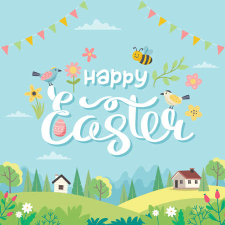 Happy Easter card with lettering and cute landscape. Hand drawn flat cartoon. Vector illustrationのイラスト素材
