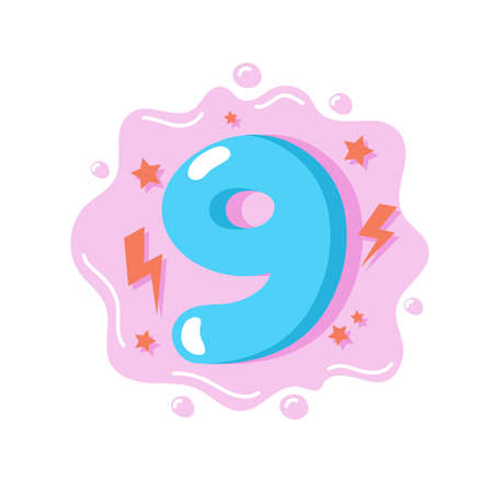 Cartoon number nine for kids, birthday card template. Vector illustrationのイラスト素材
