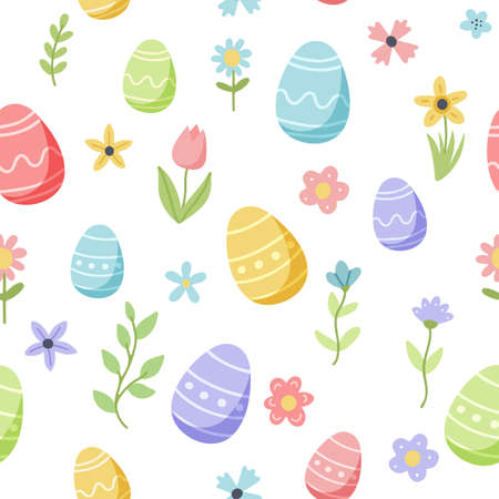 Easter spring pattern with cute eggs and flowers. Hand drawn flat cartoon elements. illustrationの写真素材