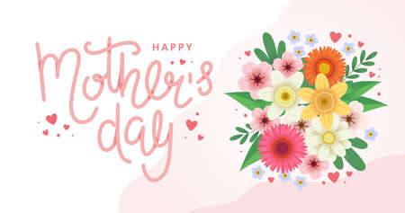 Mother s day greeting card with flowers and lettering. Vector illustrationのイラスト素材