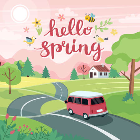 Spring road trip. Landscape with a cute car on the road and lettering. Vector illustration in flat styleのイラスト素材