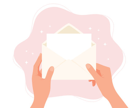 Hands holding envelope. Blank paper with copy space. Vector concept illustration in flat cartoon style.のイラスト素材