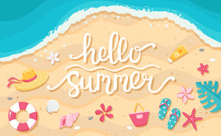 Summer sale banner. Hand drawn lettering, beach and cute elements. Template vector illustrationのイラスト素材
