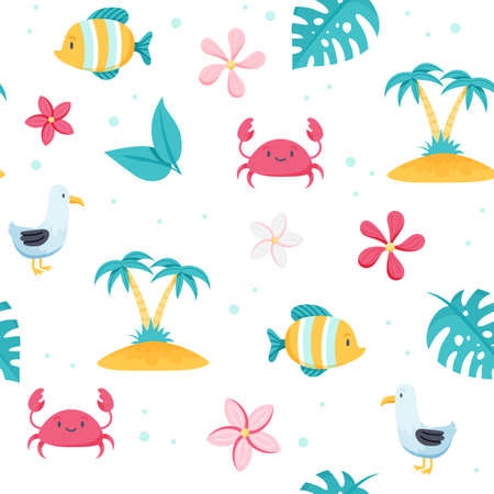 Summer sea pattern. Cute fish, seagull, crab, palm trees. Hand drawn flat cartoon elements. Vector illustrationのイラスト素材