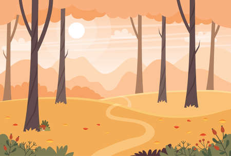 Autumn landscape with trees, fields and hills. Countryside landscape. Vector illustration in flat styleのイラスト素材