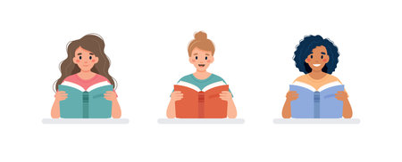 Set of threen women reading book at a desk. Learning and literacy day concept. Cute vector illustration in flat cartoon styleのイラスト素材
