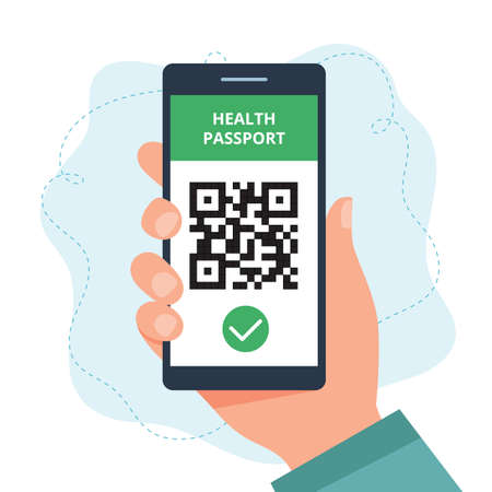 Health passport concept. hand holding a smartphone with QR code, vaccination status. Vector illustration in flat styleのイラスト素材