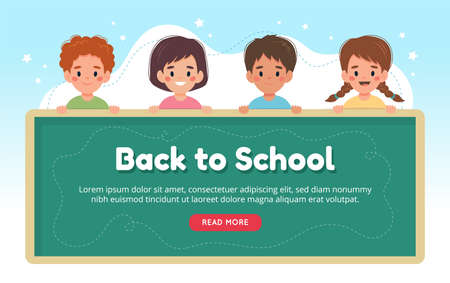 Back to school concept, children with a blackboard, cute characters. Vector illustration banner template in flat styleのイラスト素材