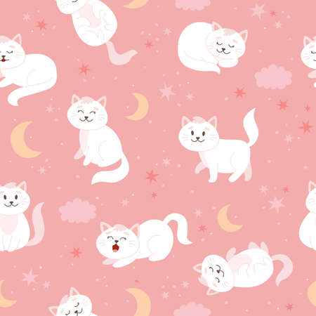 Cats pattern with moon, stars and clouds. Cute white cat character in cartoon style, vector illustrationのイラスト素材