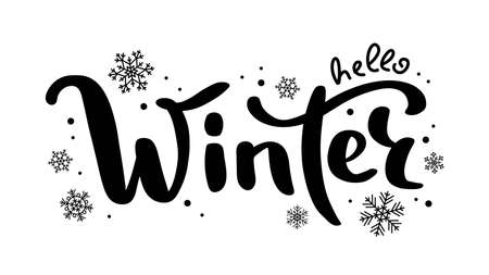 Hello winter lettering, cute handwritten vector illustration with snowflakesのイラスト素材