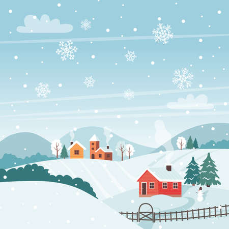 Winter landscape with trees, fields, houses. Seasonal countryside landscape. Vector illustration in flat styleのイラスト素材