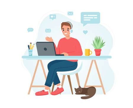 Home office concept, man working from home, student or freelancer. Cute vector illustration in flat styleのイラスト素材