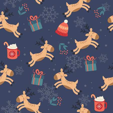 Christmas pattern with cute reindeer, gifts and cups. Festive background with hand drawn elements, vector illustrationのイラスト素材