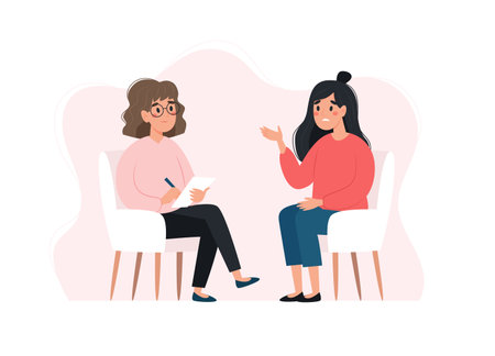 Psychotherapy session - woman talking to psychologist. Mental health concept, vector illustration in flat styleのイラスト素材