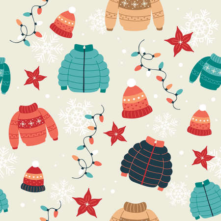 Christmas pattern with sweaters, winter coats, hats and lights. Festive background with hand drawn elements, vector illustrationのイラスト素材
