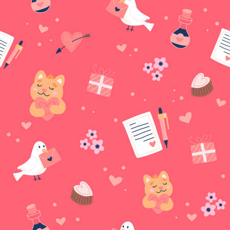 Valentine s day pattern with cute doves, cats and love letters. Hand drawn vector illustrationのイラスト素材