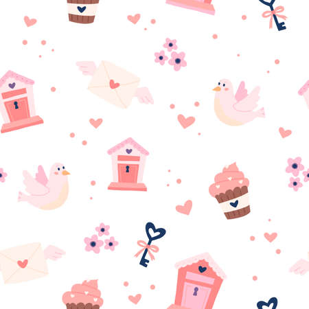 Valentine s day pattern with cute doves, letterboxes and keys. Hand drawn vector illustrationのイラスト素材