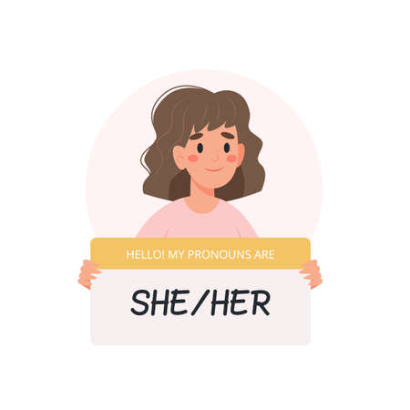 Gender pronouns - woman holding sign with pronoun, female character. Vector illustration in flat styleのイラスト素材
