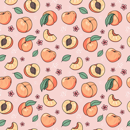 Peach or apricot hand drawn seamless pattern. Vector illustration in doodle styleのイラスト素材