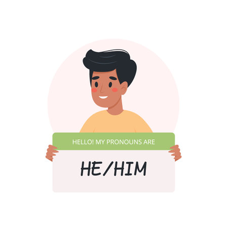 Gender pronouns - man holding sign with pronoun, male character. Vector illustration in flat styleのイラスト素材