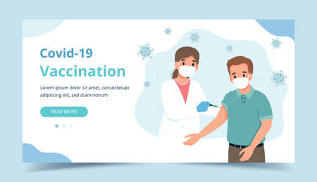 Covid vaccination banner, man and a doctor with a syringe. Webpage template vector illustration in flat cartoon styleのイラスト素材