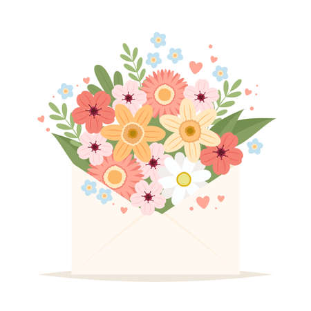 Flowers in envelope. Cute postcard or greeting card template. Vector illustration in flat cartoon styleのイラスト素材