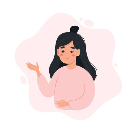 Woman explaining, presenting or showing something. Cute character, vector illustration in flat or...