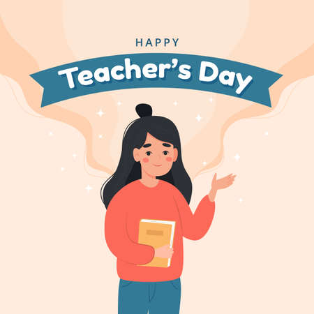 Female teacher, Happy teachers day greeting card template. School and learning concept. Cute vector illustration in flat cartoon styleのイラスト素材