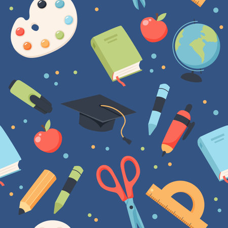 School seamless pattern. Supplies and equipment for learning. Cute vector illustration in flat cartoon styleのイラスト素材