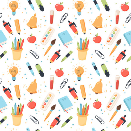 School seamless pattern. Supplies and equipment for learning. Cute vector illustration in flat cartoon styleのイラスト素材