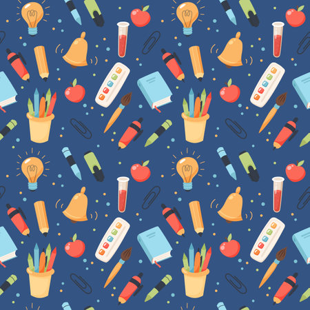 School seamless pattern. Supplies and equipment for learning. Cute vector illustration in flat cartoon styleのイラスト素材