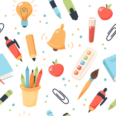 School seamless pattern. Supplies and equipment for learning. Cute vector illustration in flat cartoon styleのイラスト素材